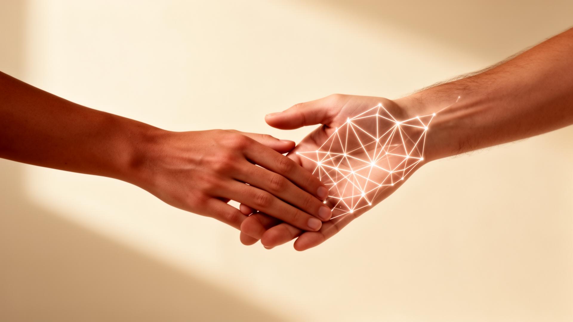 Two hands meeting — one human, one traced with light — symbolising human and AI walking together